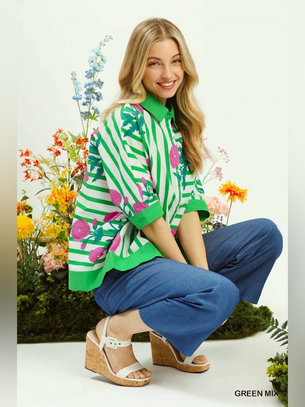 Umgee Mix Floral Stripe Button Down Top - Picture 2 of 8